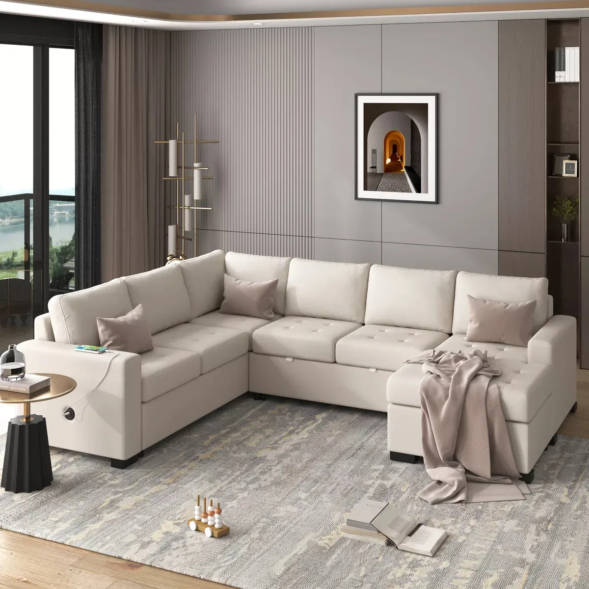 108" Pull-Out Sleeper Sofa Couches, Upholstered Modular Sectional Sofa with USB and Type-C Interfaces - ModernLuxe by Couch.com