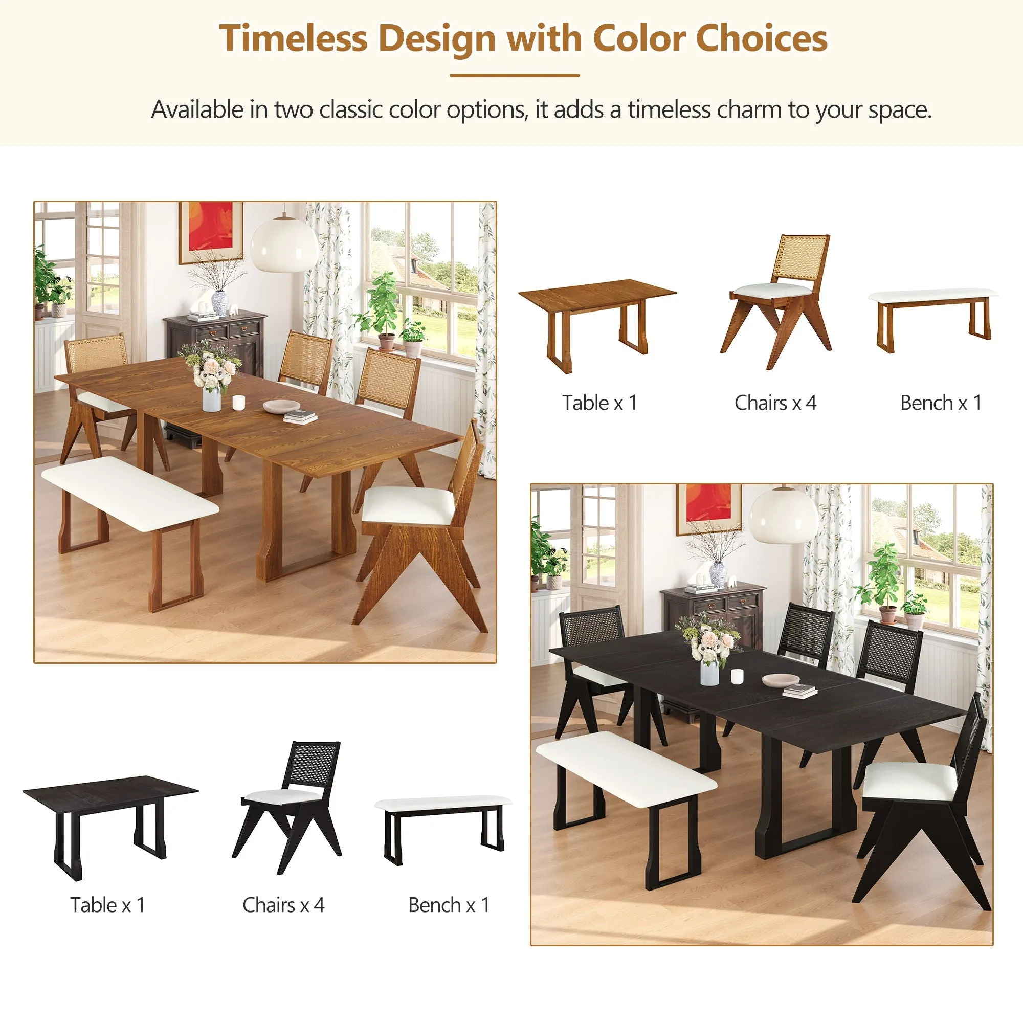 6 Piece Extendable Dining Table Set With 4 Wicker Back Upholstered Dining Chairs And Long Bench, 2 Removable Leaf by Couch.com