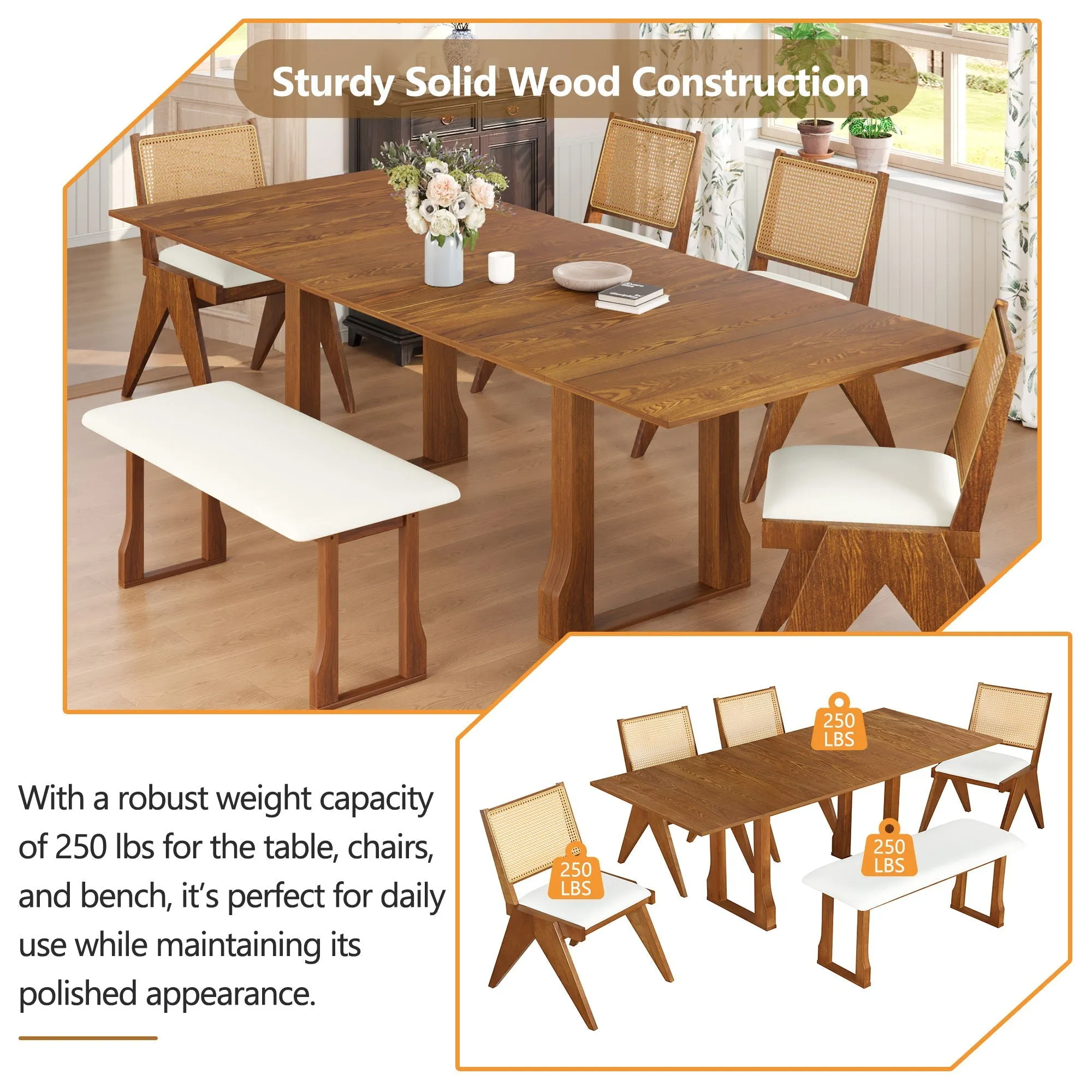 6 Piece Extendable Dining Table Set With 4 Wicker Back Upholstered Dining Chairs And Long Bench, 2 Removable Leaf by Couch.com