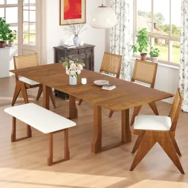 6 Piece Extendable Dining Table Set With 4 Wicker Back Upholstered Dining Chairs And Long Bench, 2 Removable Leaf by Couch.com