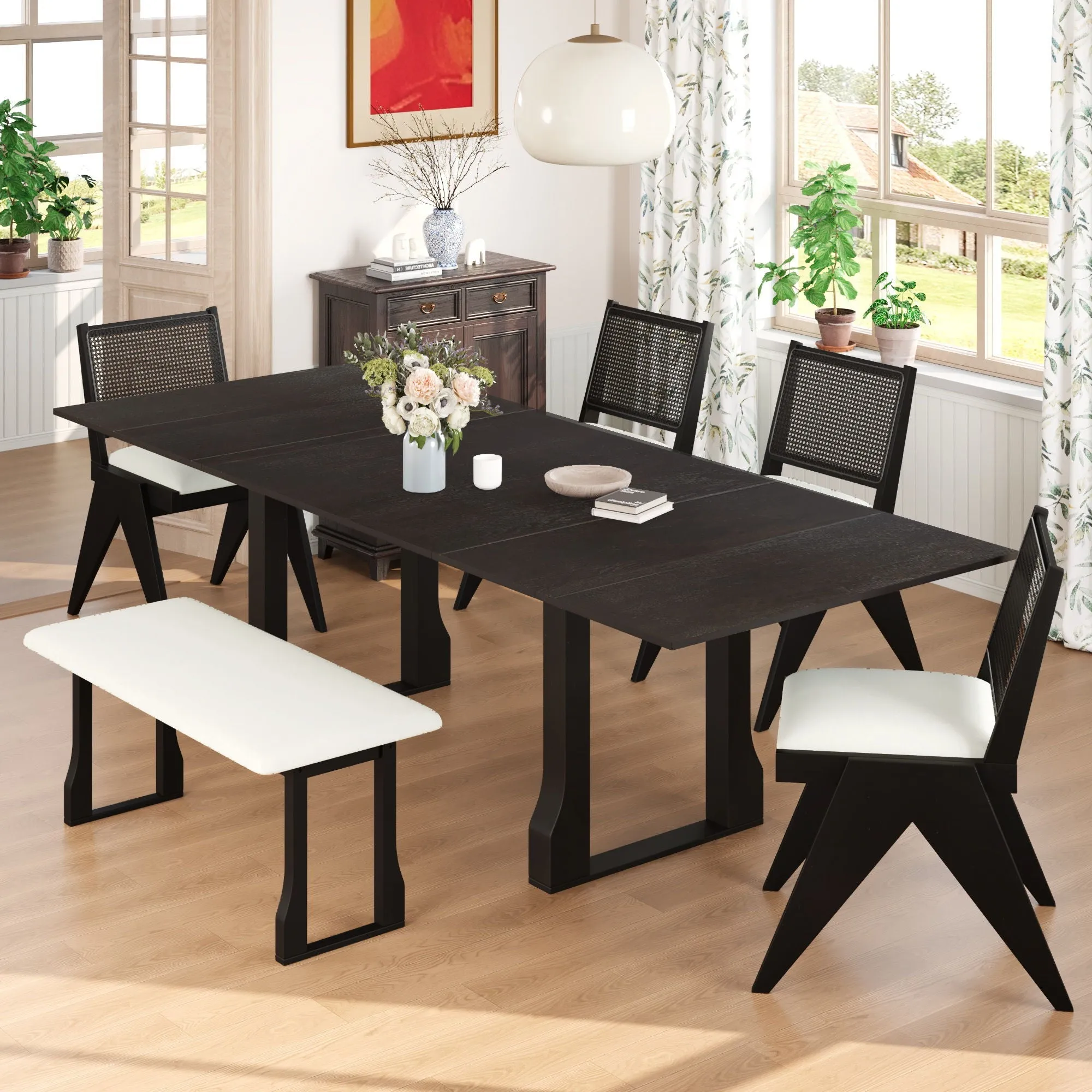 6 Piece Extendable Dining Table Set With 4 Wicker Back Upholstered Dining Chairs And Long Bench, 2 Removable Leaf by Couch.com