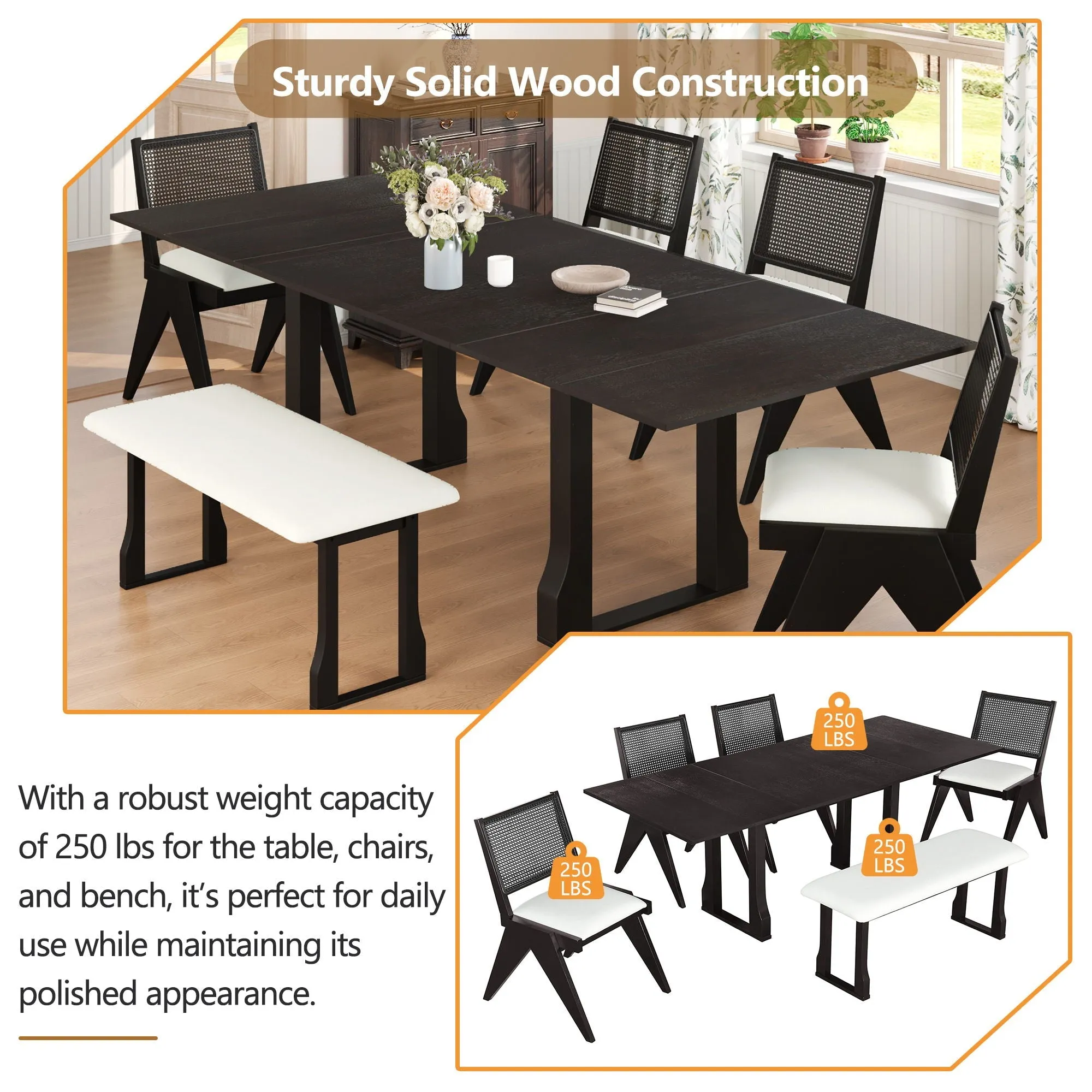 6 Piece Extendable Dining Table Set With 4 Wicker Back Upholstered Dining Chairs And Long Bench, 2 Removable Leaf by Couch.com