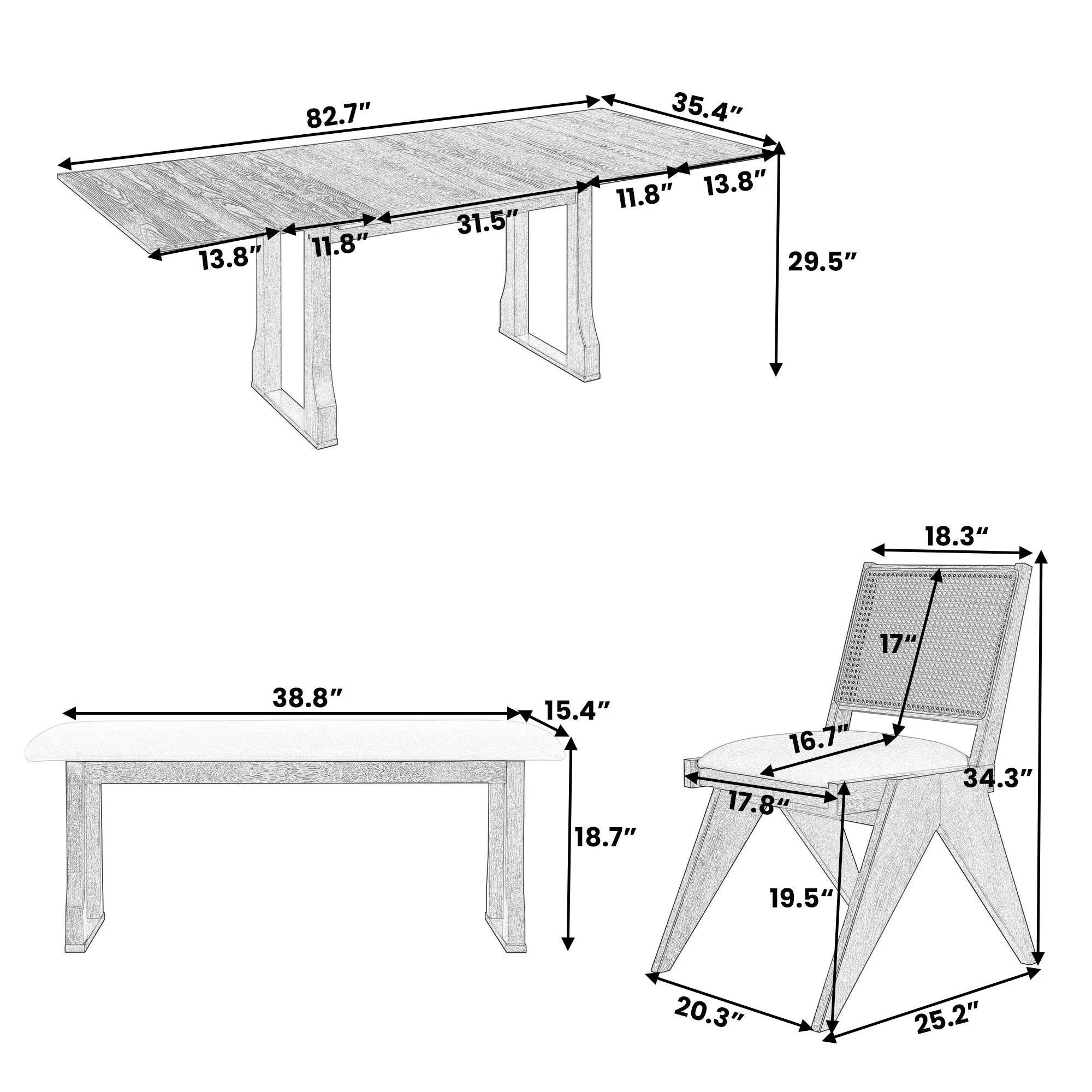 6 Piece Extendable Dining Table Set With 4 Wicker Back Upholstered Dining Chairs And Long Bench, 2 Removable Leaf by Couch.com