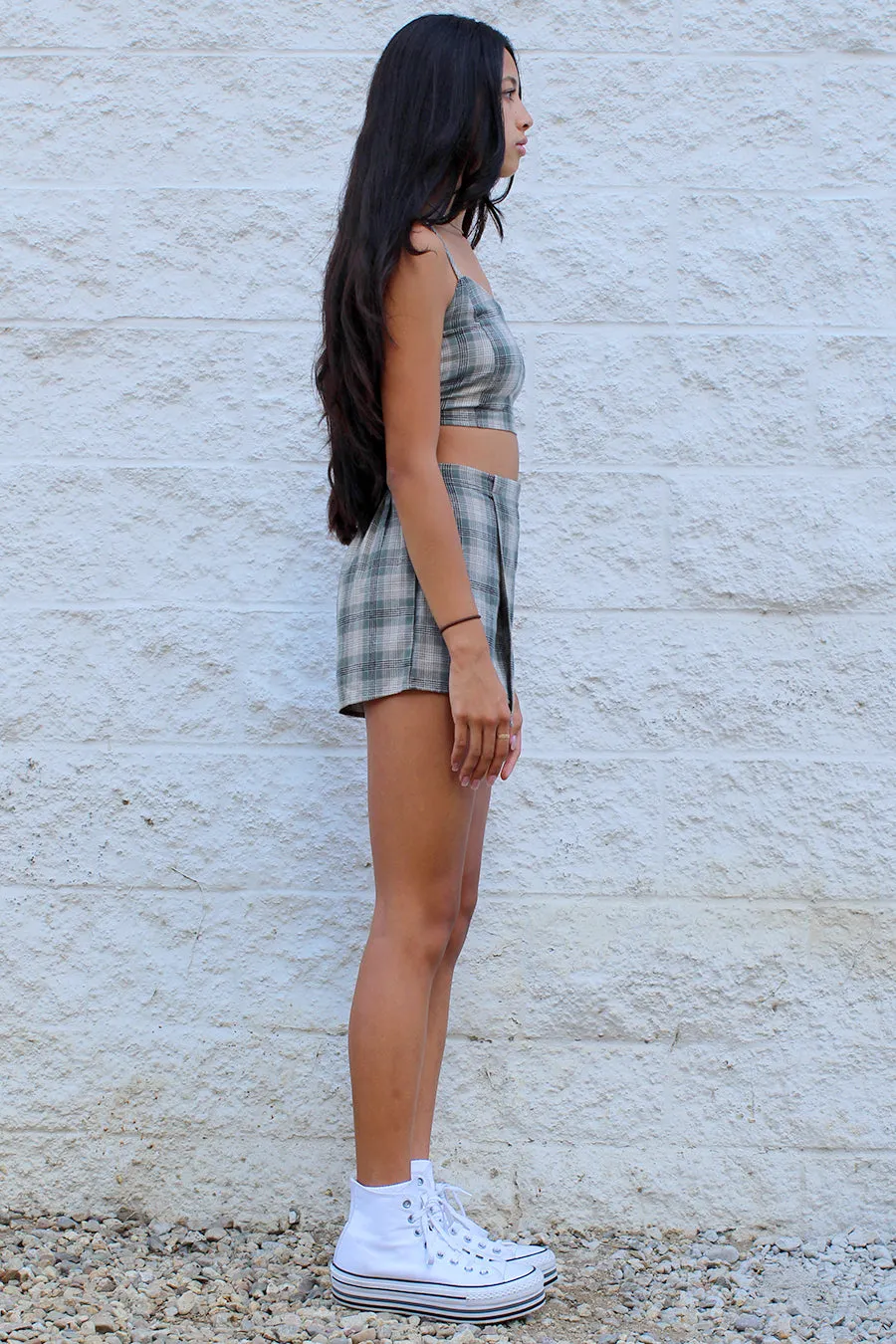 Adjustable Cami Top and Skorts - Flannel Green Beige Plaid