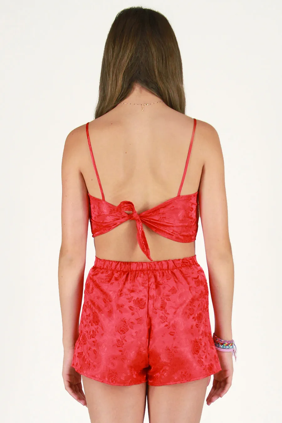 Adjustable Cami Top and Skorts - Red Satin with Roses
