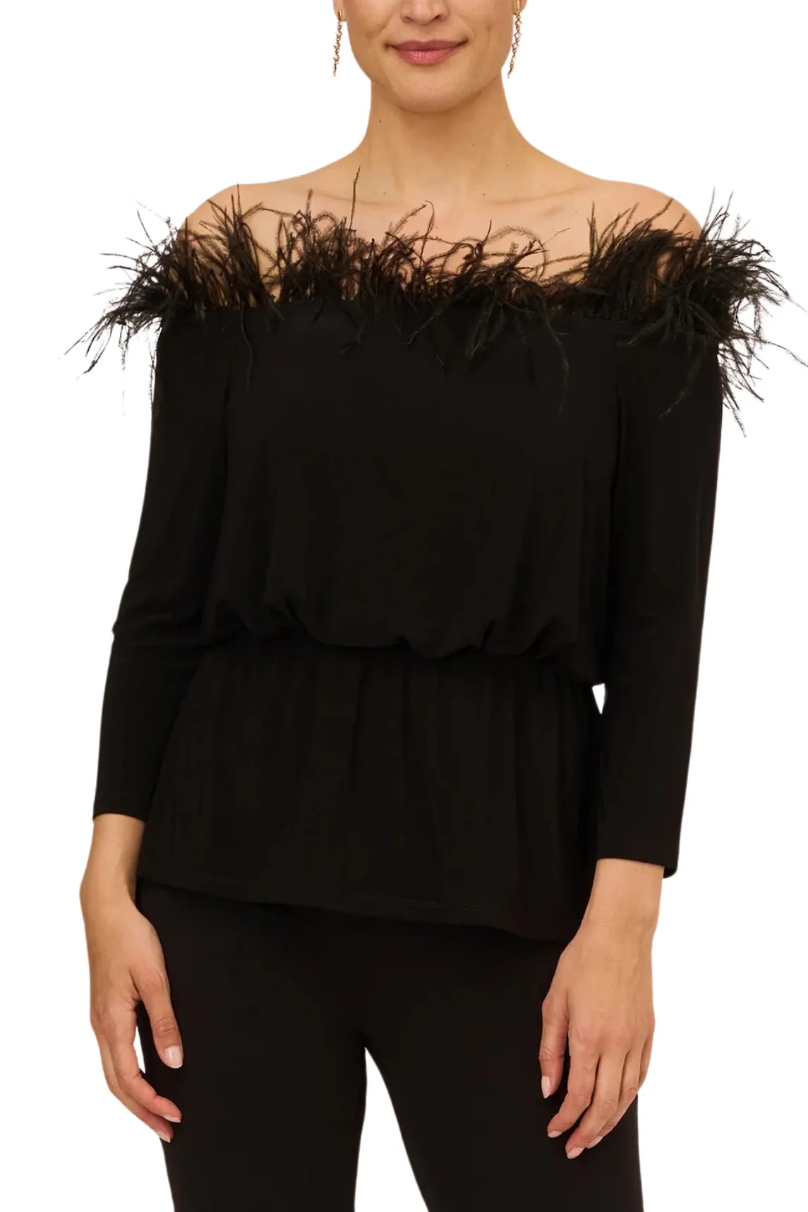 Adrianna Papell Off The Shoulder 3/4 Sleeve with Feather Accents by Curated Brands