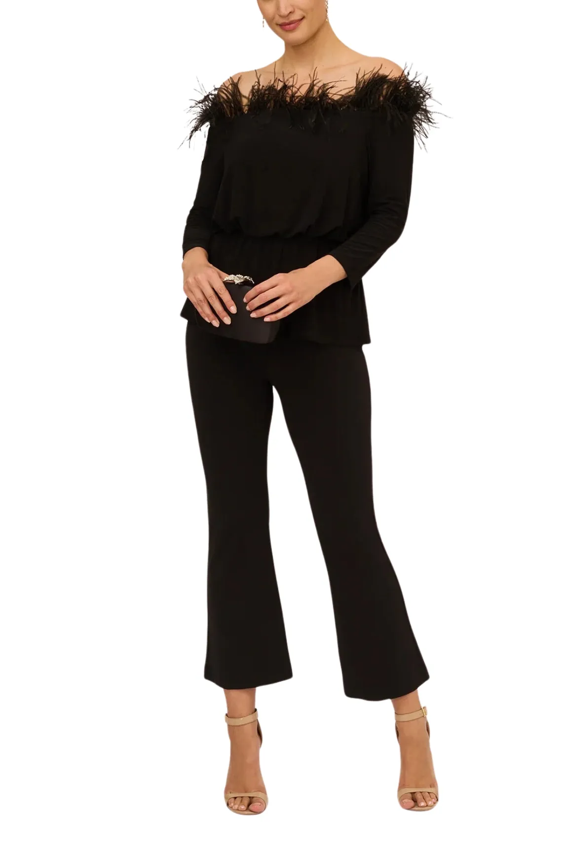 Adrianna Papell Off The Shoulder 3/4 Sleeve with Feather Accents by Curated Brands