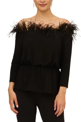 Adrianna Papell Off The Shoulder 3/4 Sleeve with Feather Accents by Curated Brands