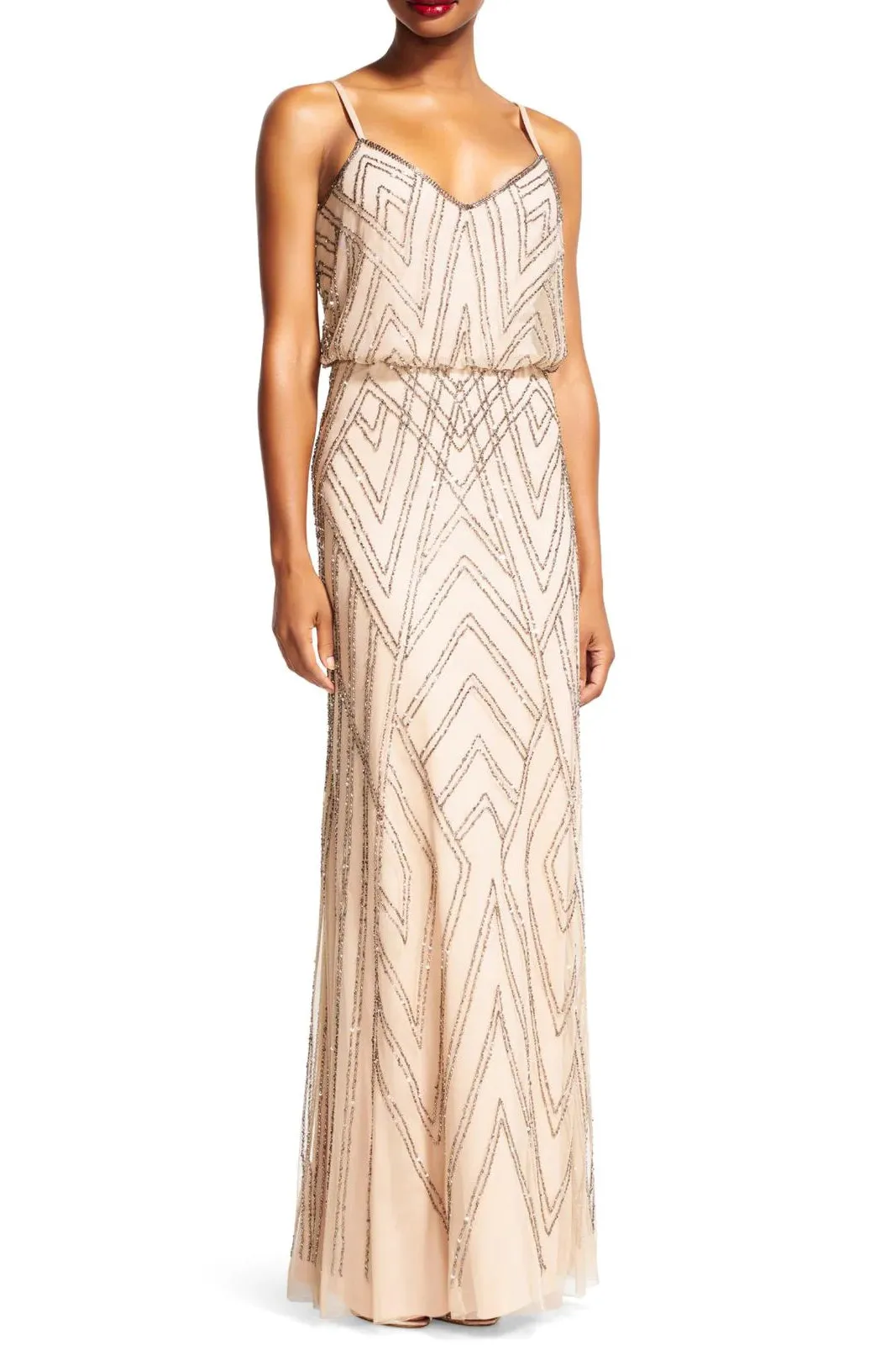 Adrianna Papell Spaghetti Strap Zipper Back Blouson Embellished Mesh Dress by Curated Brands