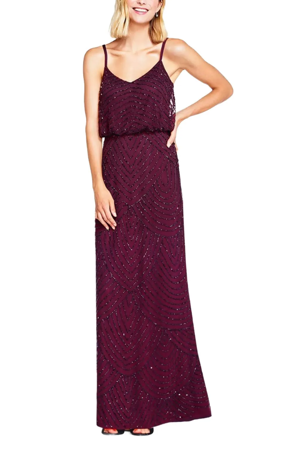 Adrianna Papell Spaghetti Strap Zipper Back Blouson Embellished Mesh Dress by Curated Brands