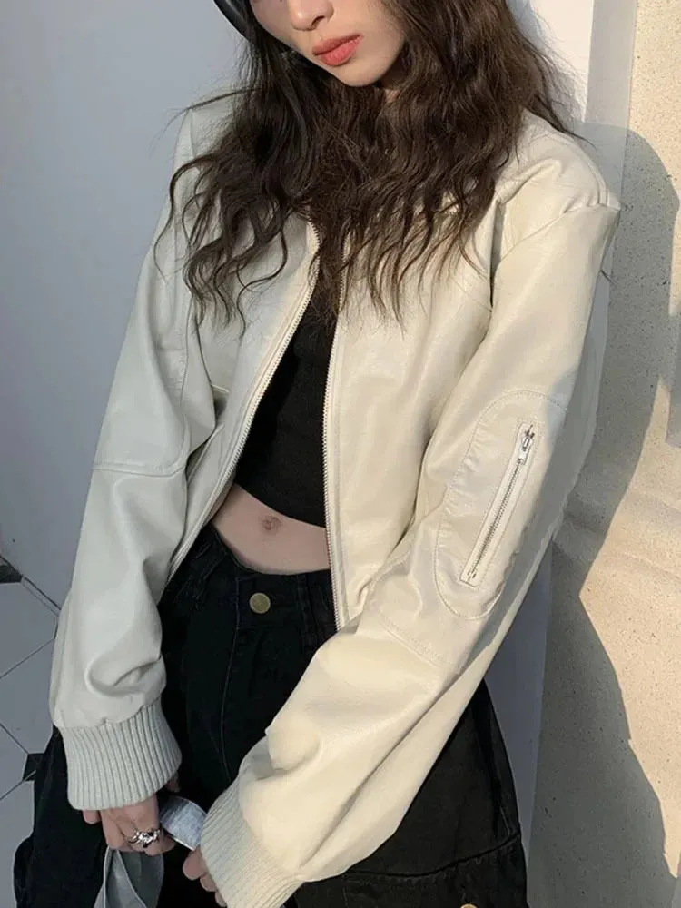 Advbridge Stand Collar Zipper Woman Pu Jackets Loose Casual Motorcycle Jaquetas Retro Cropped White Leather Jackets Autumn New Coats