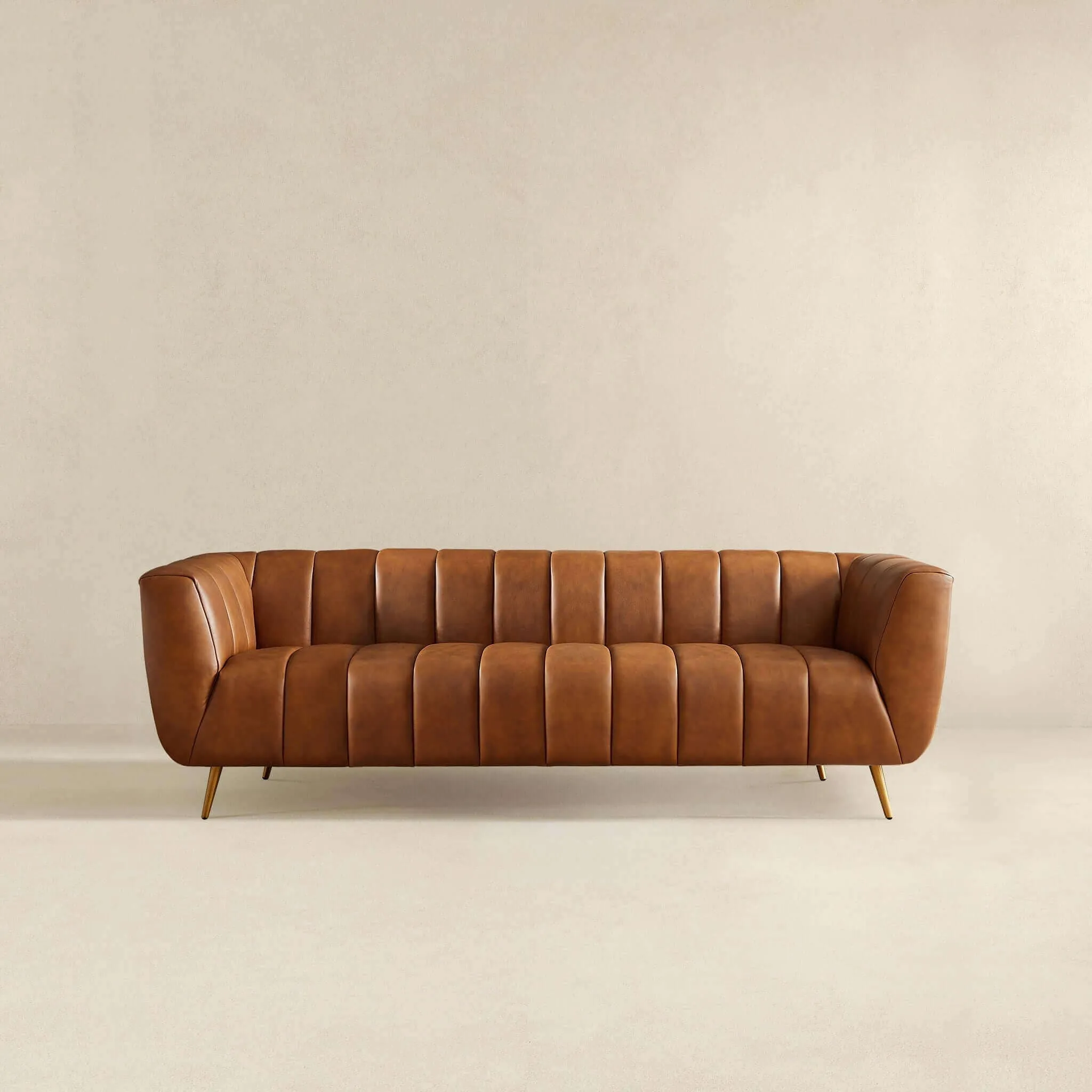 Ava - Genuine Italian Leather Channel Tufted Sofa - Gold / Tan by Couch.com
