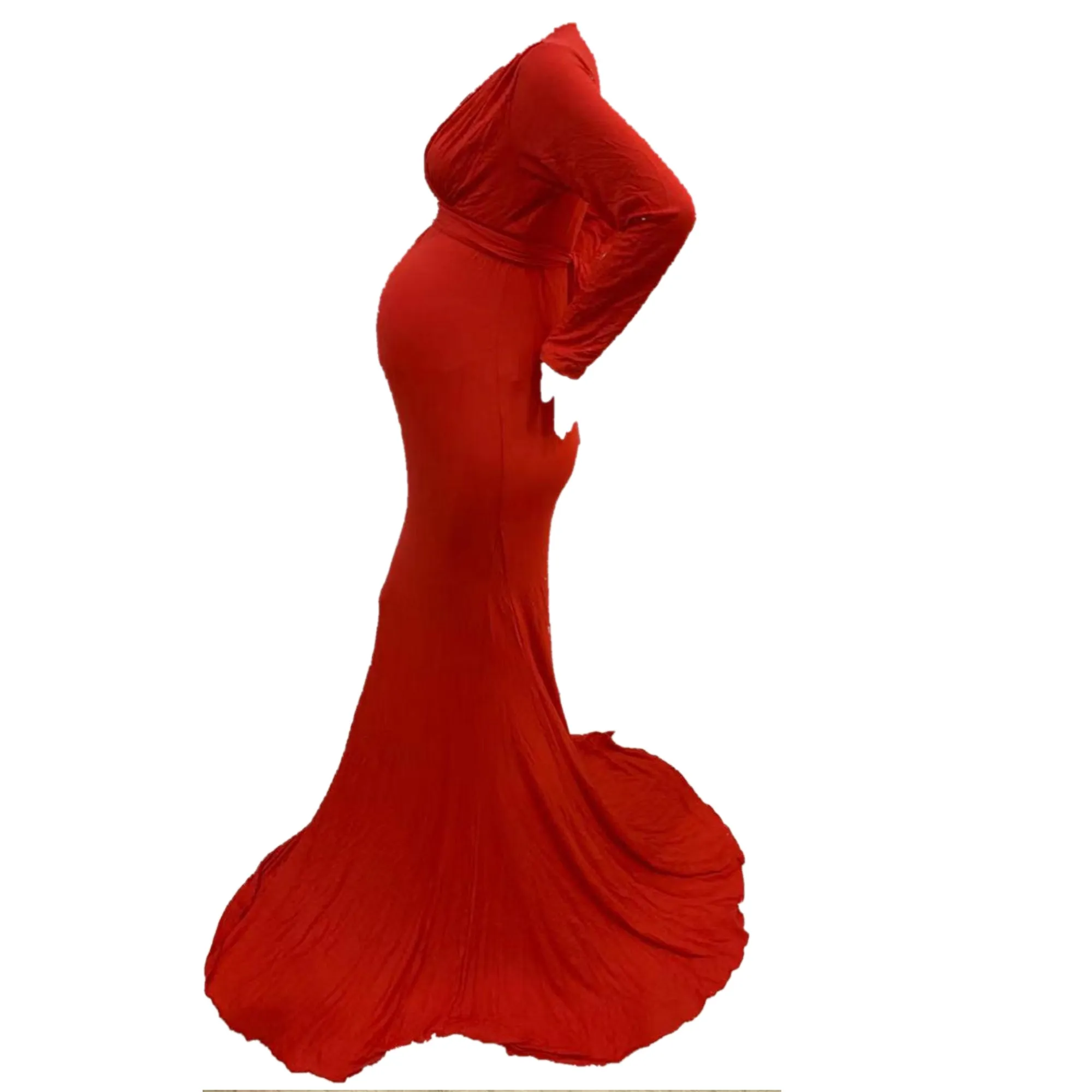 Babymoon V Neck Maternity Gown Dress - Red