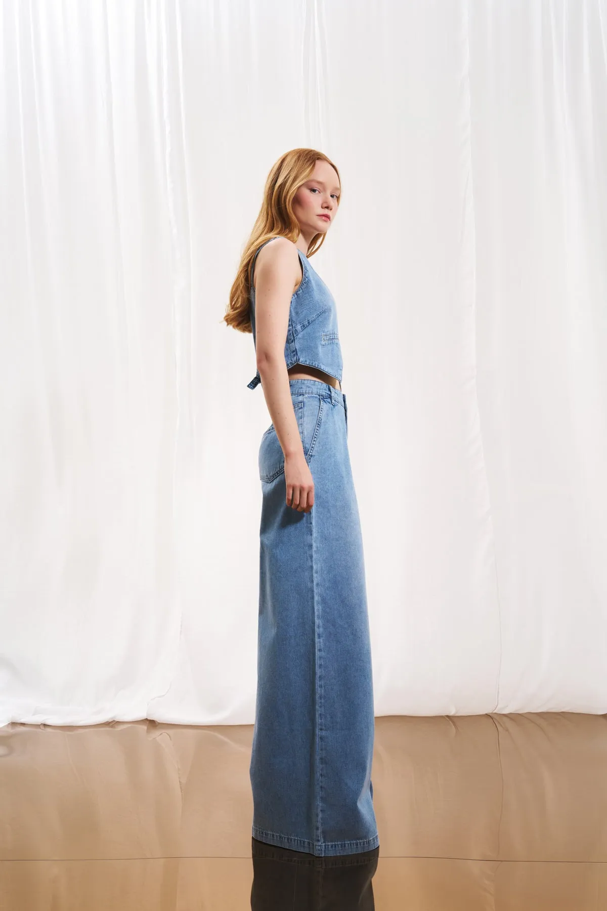Light Blue Pleated Wide-leg Denim Trousers 17220