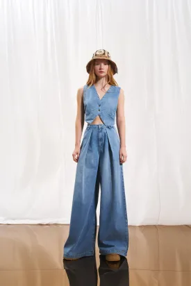 Light Blue Pleated Wide-leg Denim Trousers 17220
