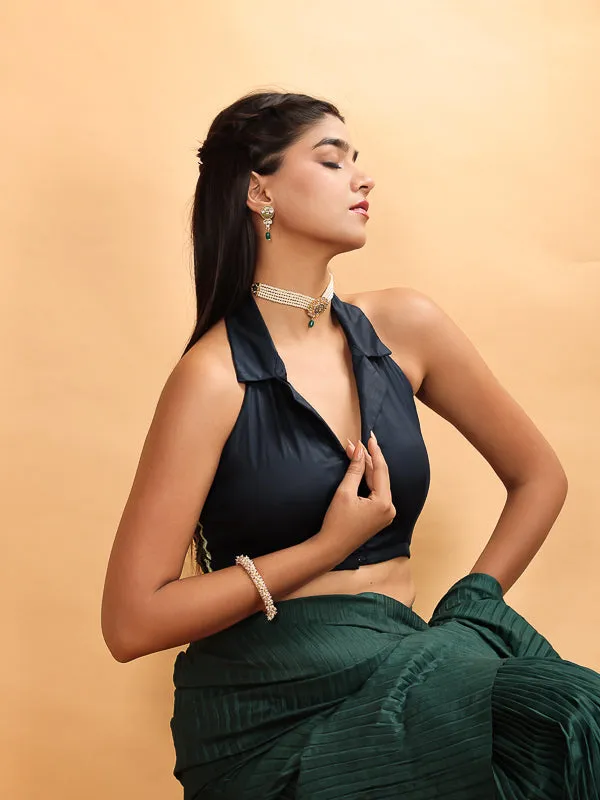 Navy Blue Embroidered Halter Neck padded Blouse