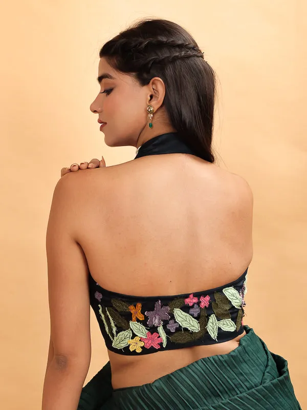 Navy Blue Embroidered Halter Neck padded Blouse