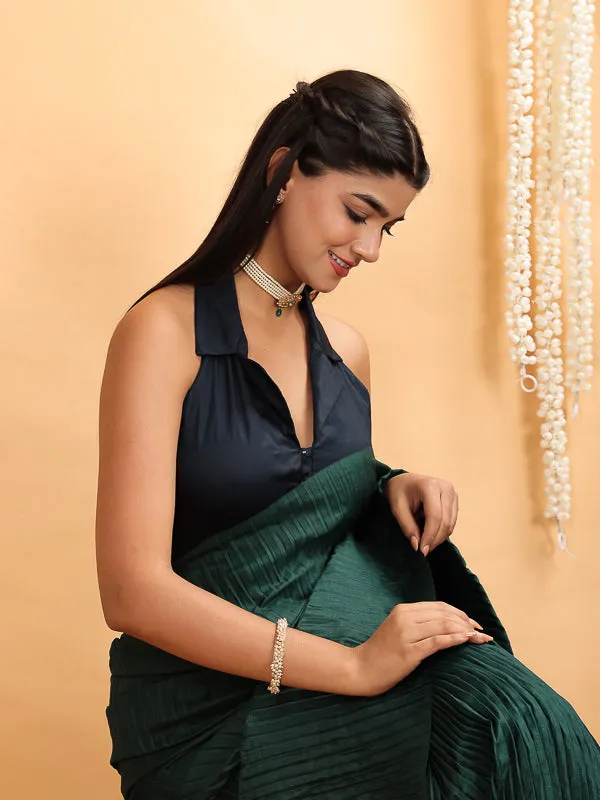 Navy Blue Embroidered Halter Neck padded Blouse