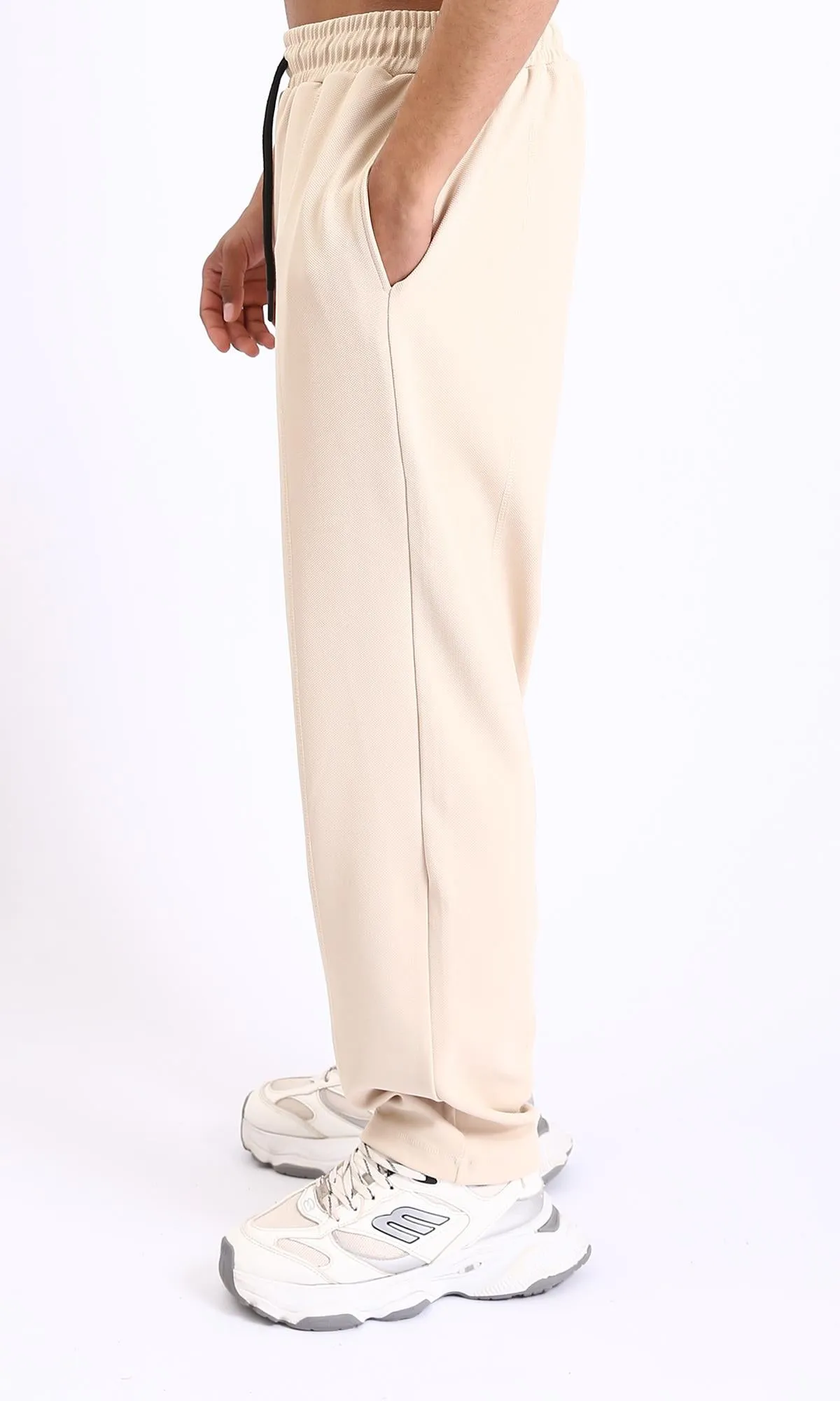 R208836-Relaxed Leg Slip On Summer Pants - Beige