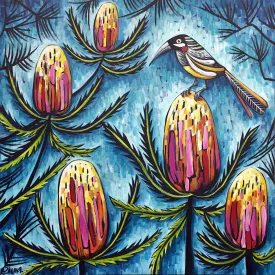 Red Wattle Bird and Banksia Print