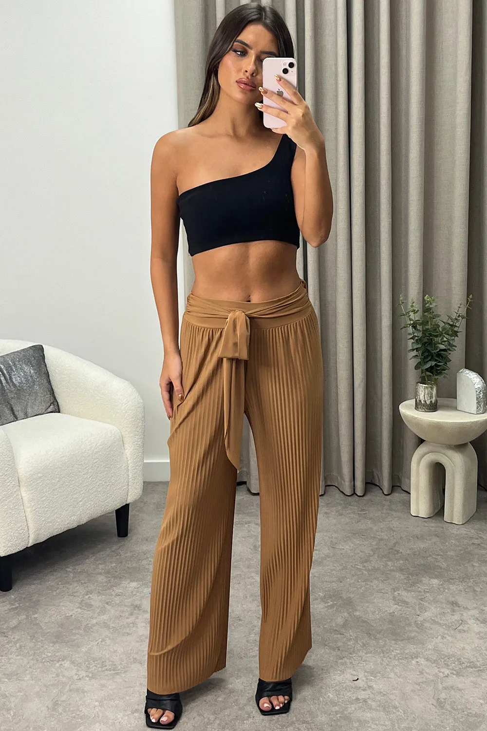 Teagan Dark Beige Slinky Plisse Tie Waist Wide Leg Trousers