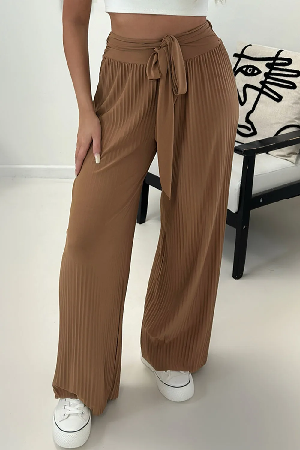 Teagan Dark Beige Slinky Plisse Tie Waist Wide Leg Trousers