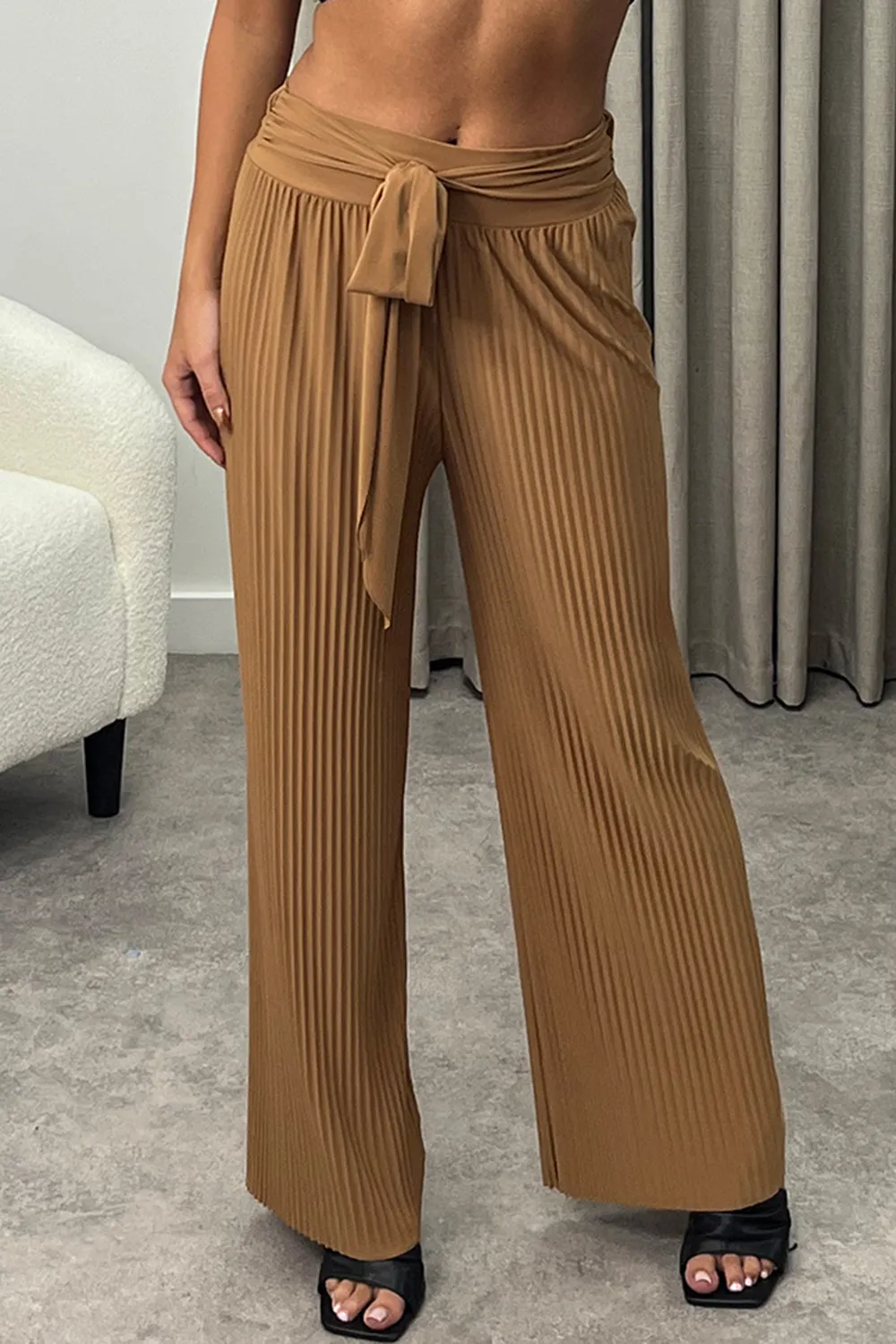 Teagan Dark Beige Slinky Plisse Tie Waist Wide Leg Trousers