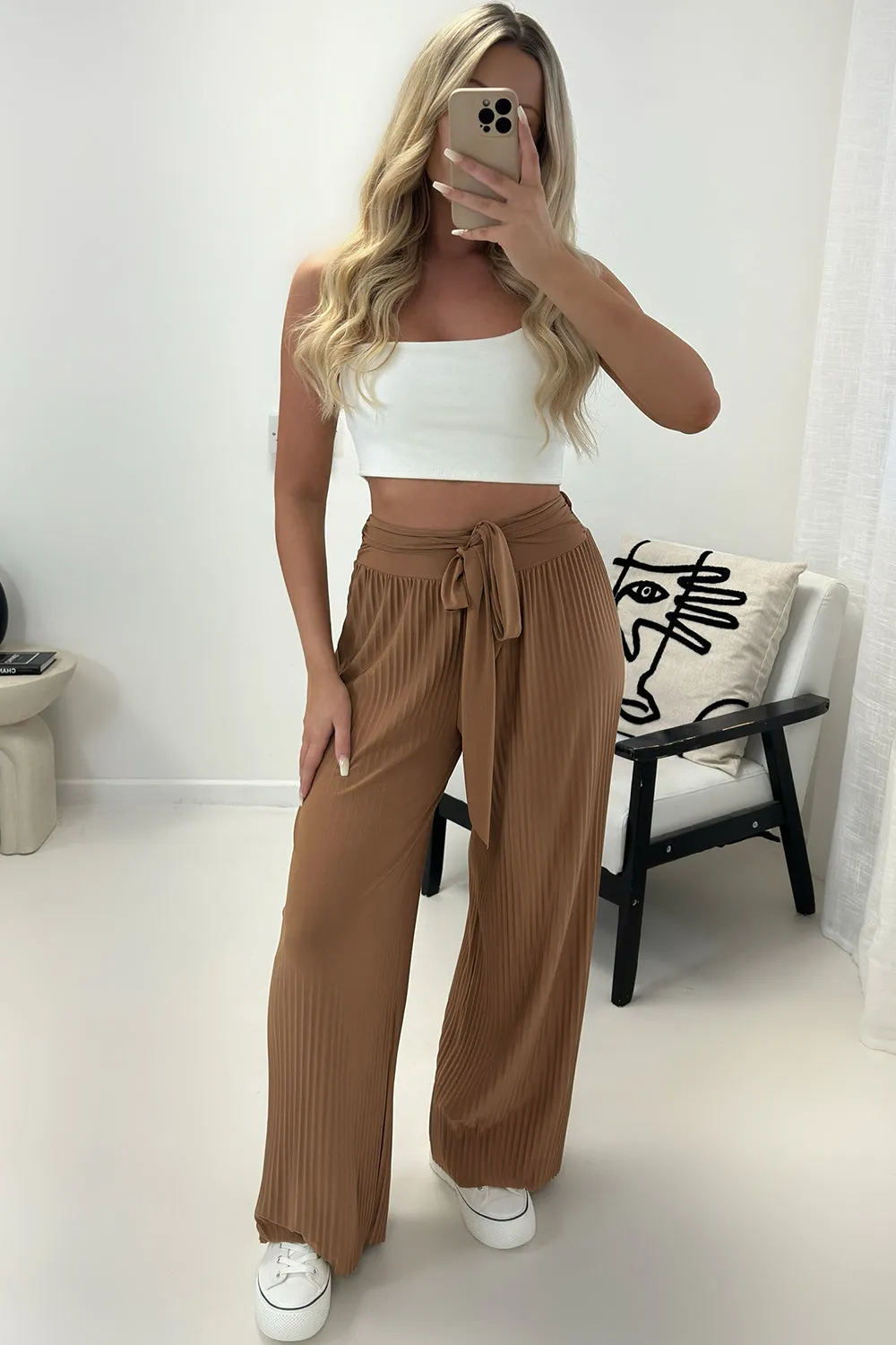 Teagan Dark Beige Slinky Plisse Tie Waist Wide Leg Trousers
