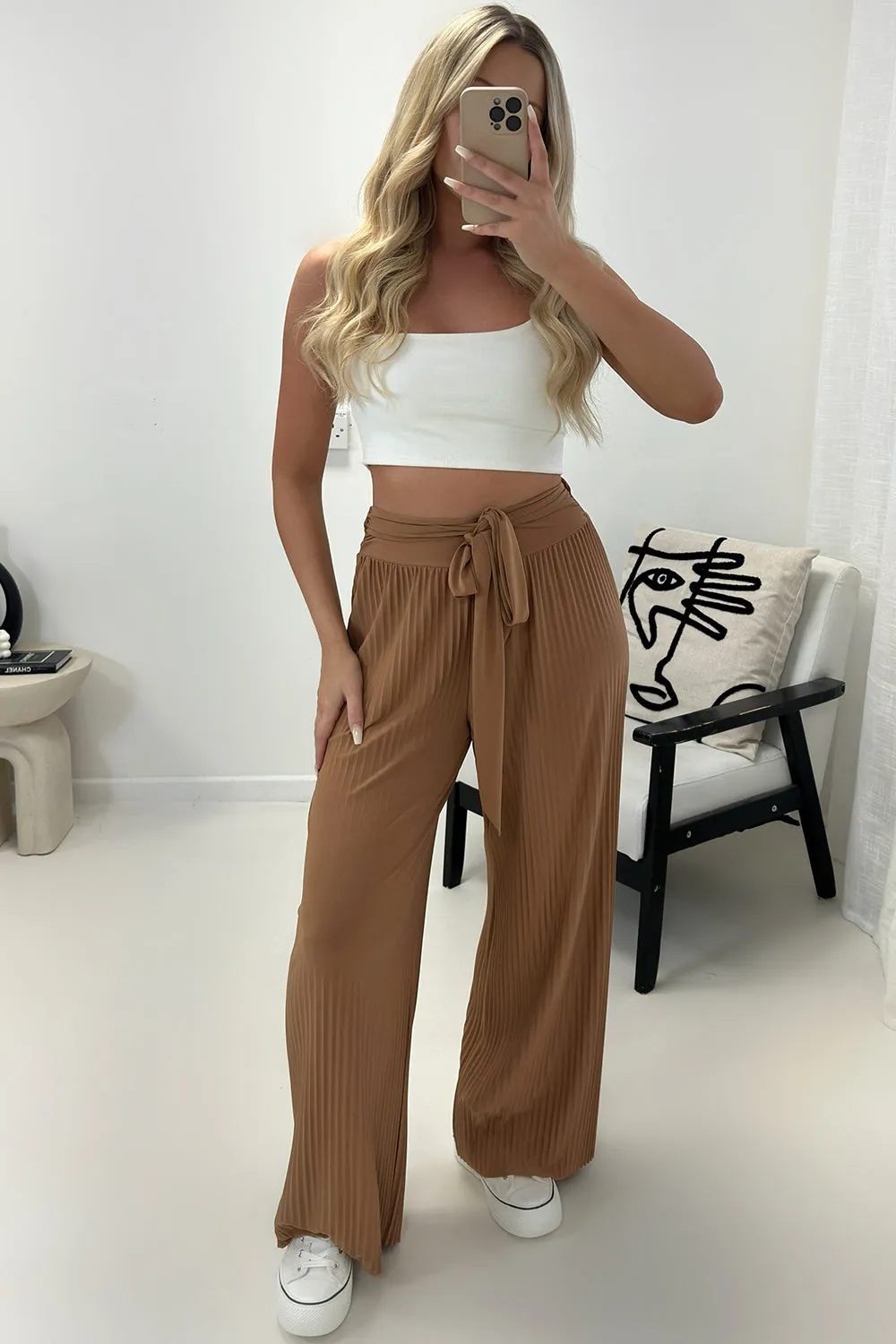 Teagan Dark Beige Slinky Plisse Tie Waist Wide Leg Trousers